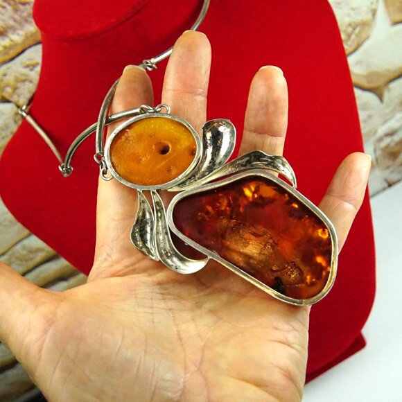 Super Giant Heavy Amber & 925 Silver Link Necklace - Rare Jewelry Gift For Her - Picture 6 of 16